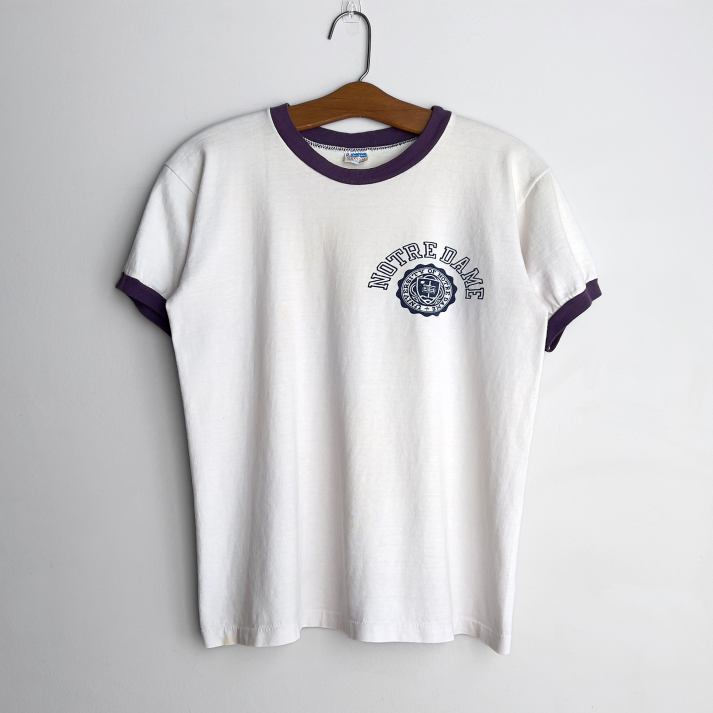 Vintage 1970s Notre Dame University White & Purple Ringer Tee - Shop ThreadCount Vintage Co.