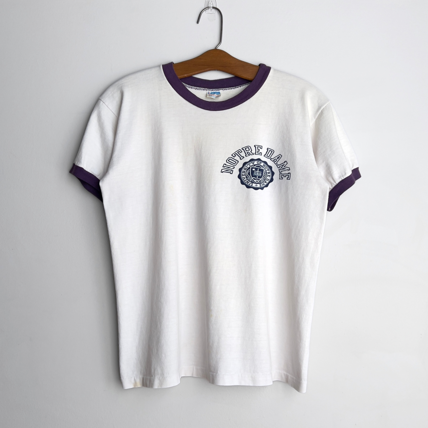1970s Notre Dame University White & Purple Ringer Tee  - Shop ThreadCount Vintage Co.