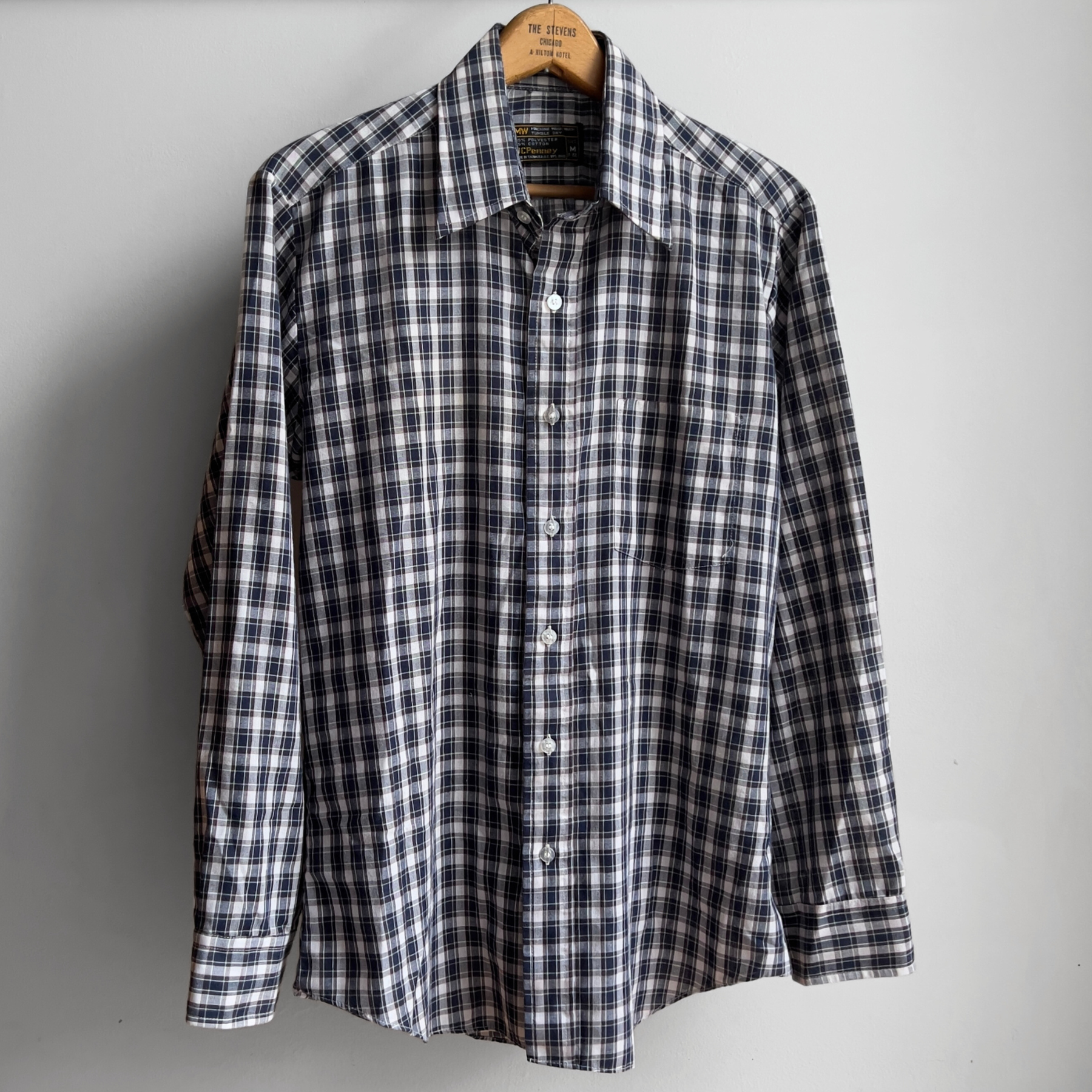 1970s Navy Blue & White Plaid Button Up Shirt  - Shop ThreadCount Vintage Co.