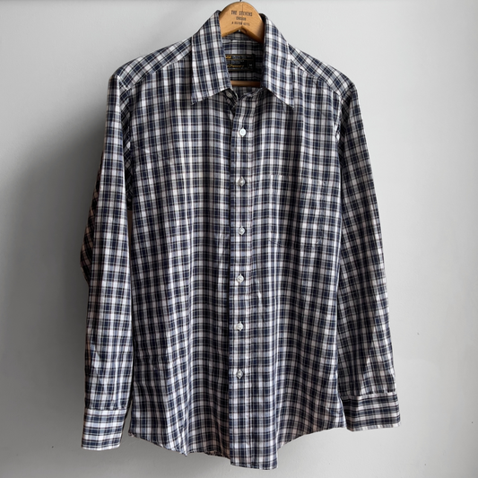 1970s Navy Blue & White Plaid Button Up Shirt  - Shop ThreadCount Vintage Co.