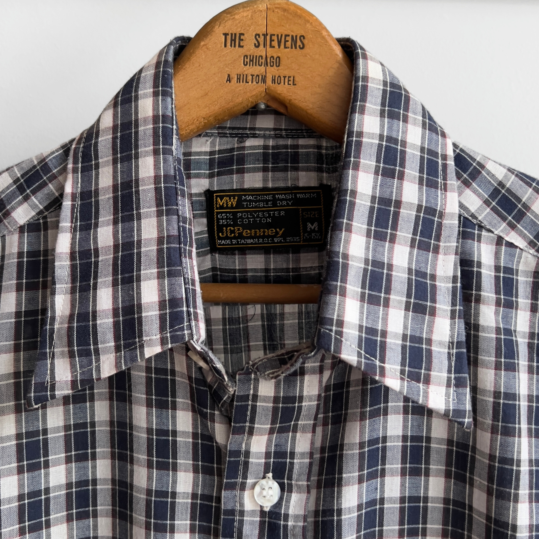 1970s Navy Blue & White Plaid Button Up Shirt  - Shop ThreadCount Vintage Co.