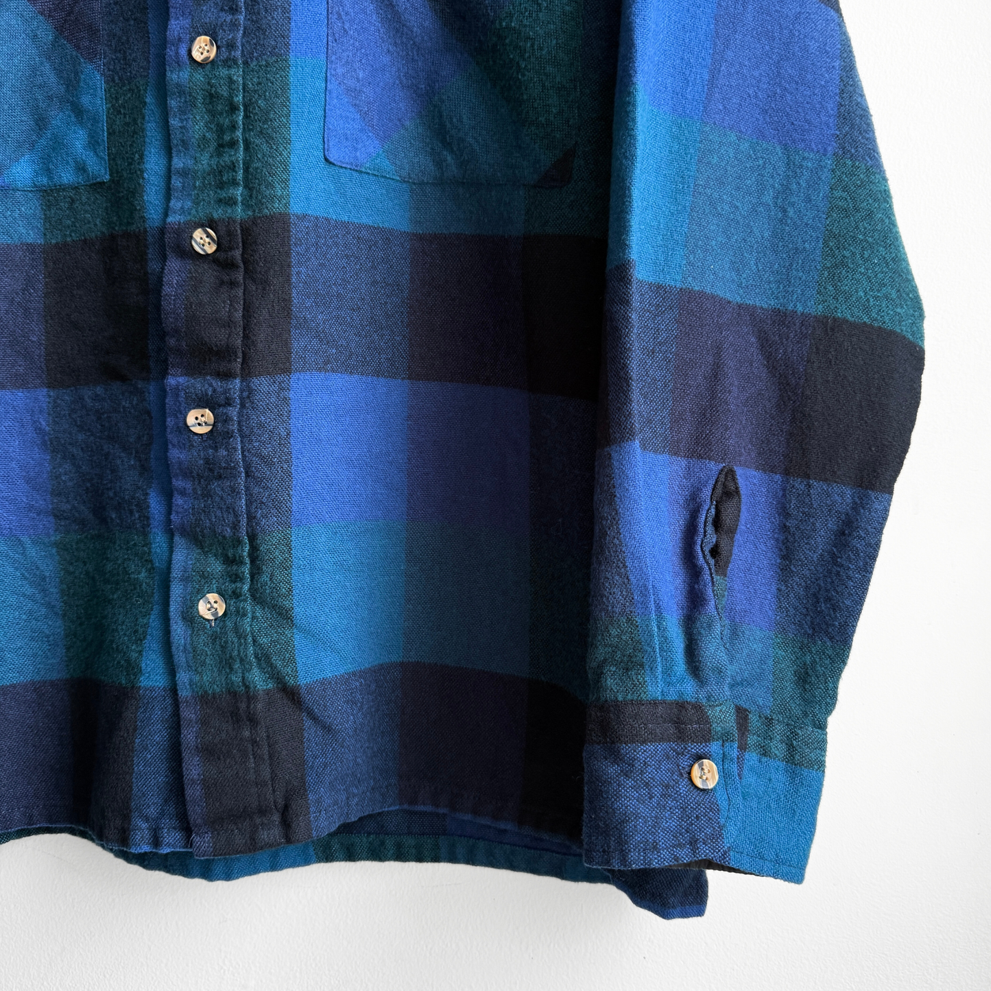 1980s Blue & Green Acrylic Plaid Flannel Shirt