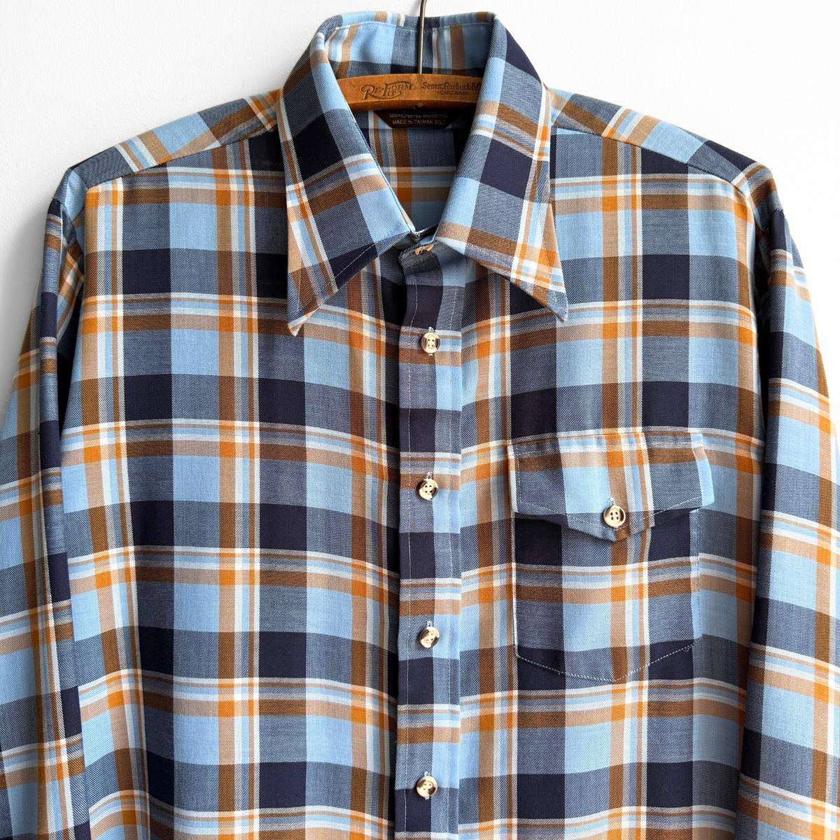 1970s Blue & Orange Plaid Sport Shirt