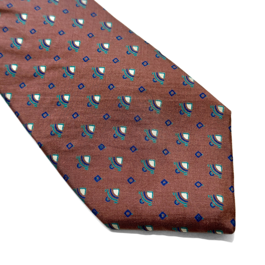 1970s Brown Geometric Print Silk Tie