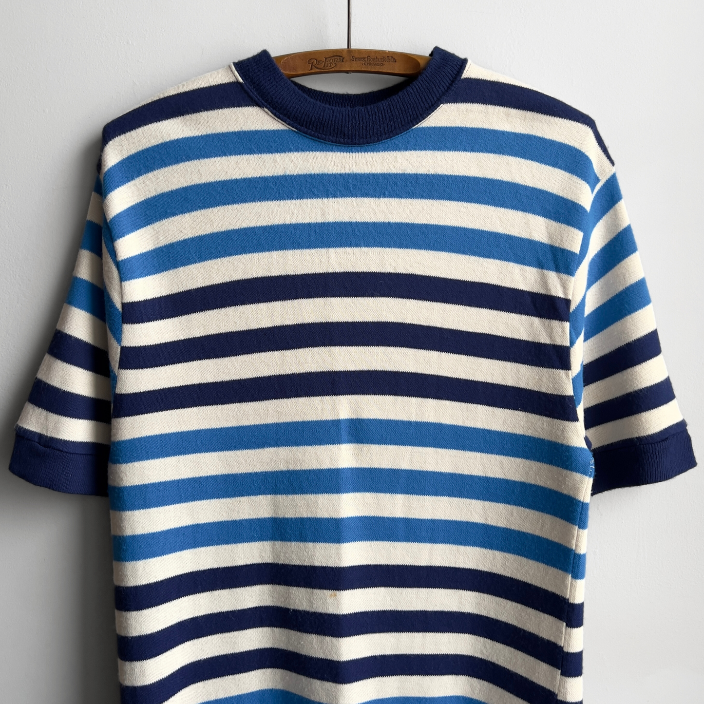 Vintage 1960s The Inn Shop Blue Striped Knit Acrylic Sweater Tee - Shop ThreadCount Vintage Co.