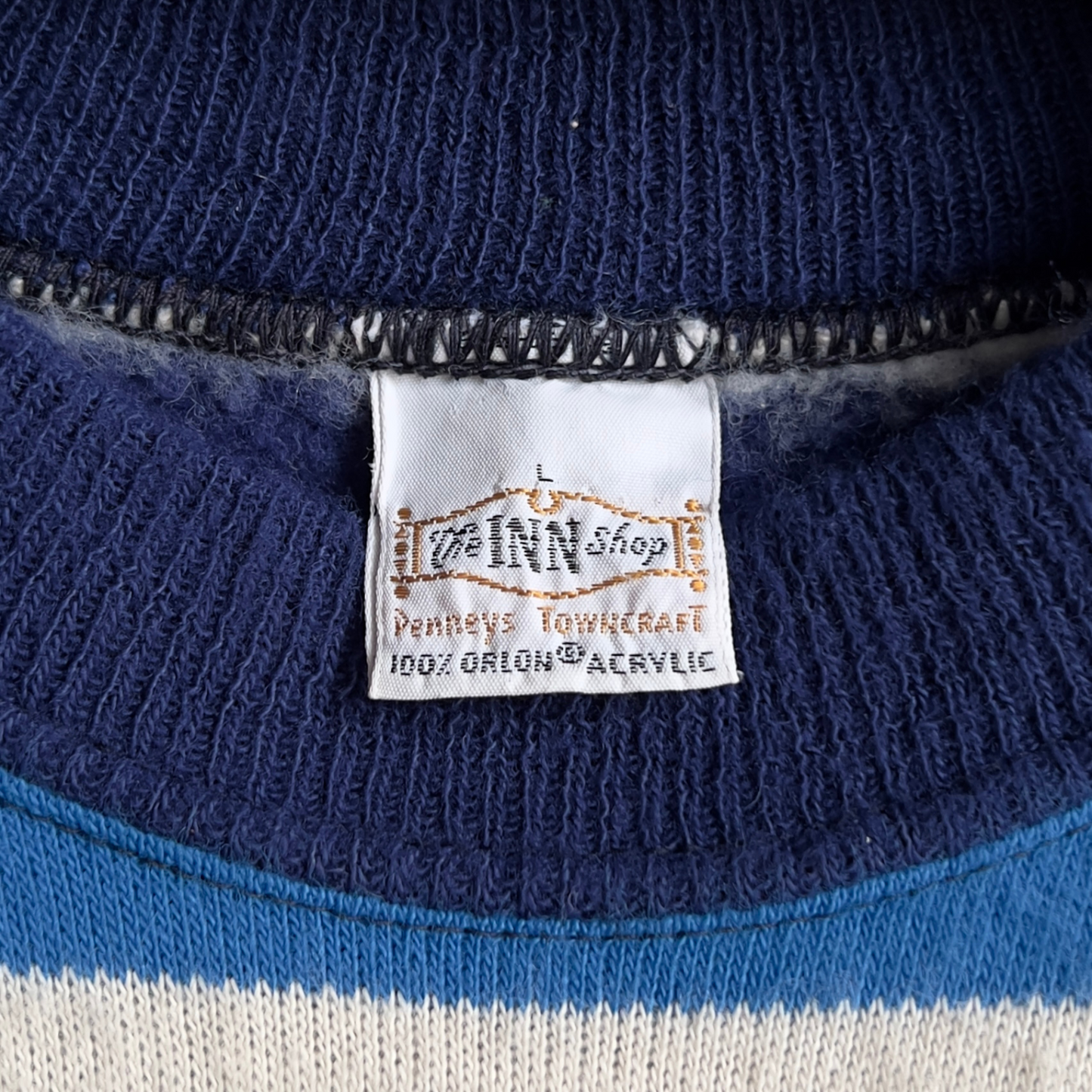 Vintage 1960s The Inn Shop Blue Striped Knit Acrylic Sweater Tee - Shop ThreadCount Vintage Co.