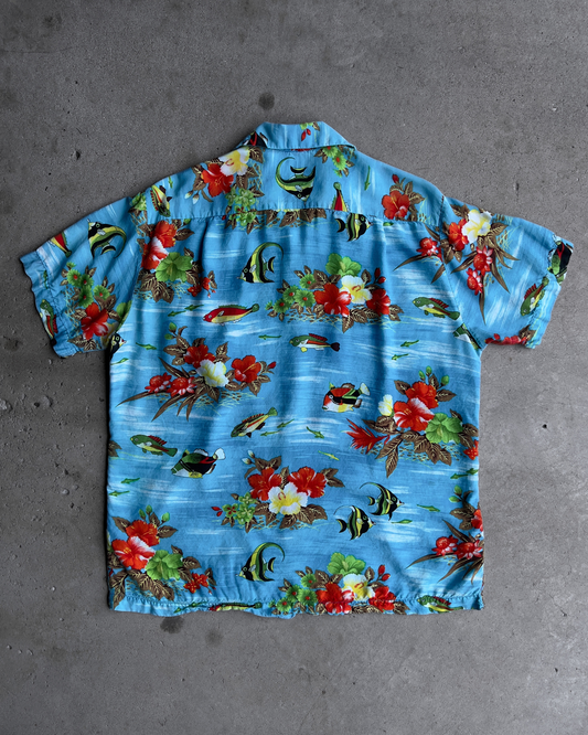 1970s Floral Fish Print Rayon Hawaiian Shirt  - Shop ThreadCount Vintage Co.
