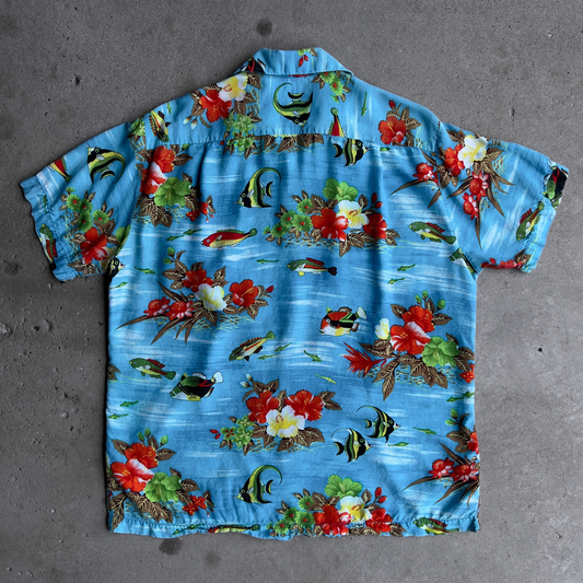1970s Floral Fish Print Rayon Hawaiian Shirt - Shop ThreadCount Vintage Co.