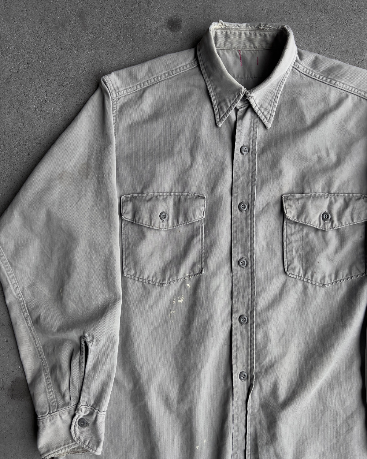 1950s Grey Cotton Twill Repaired Work Shirt  - Shop ThreadCount Vintage Co.
