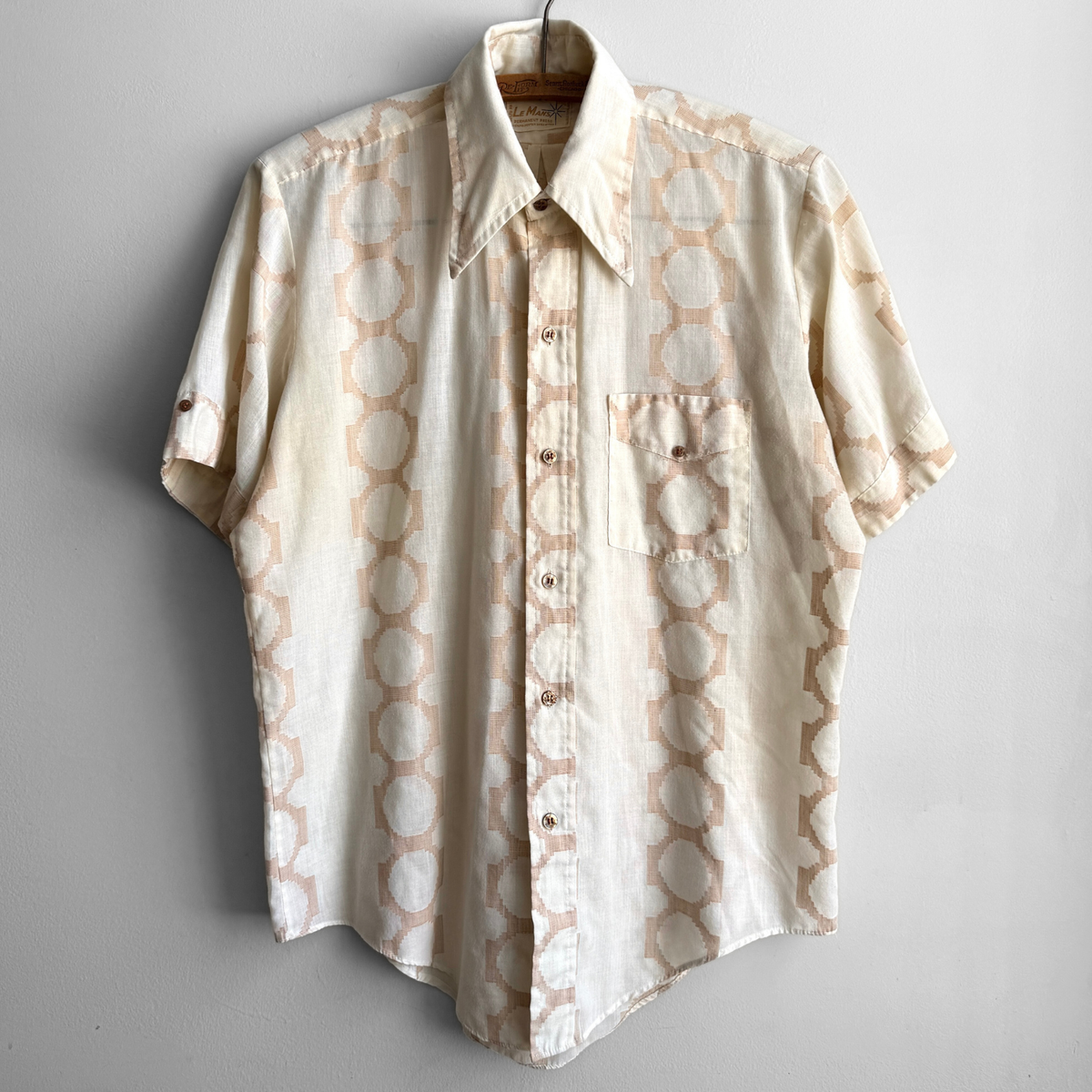1970s Beige Geometric Print Sport Shirt