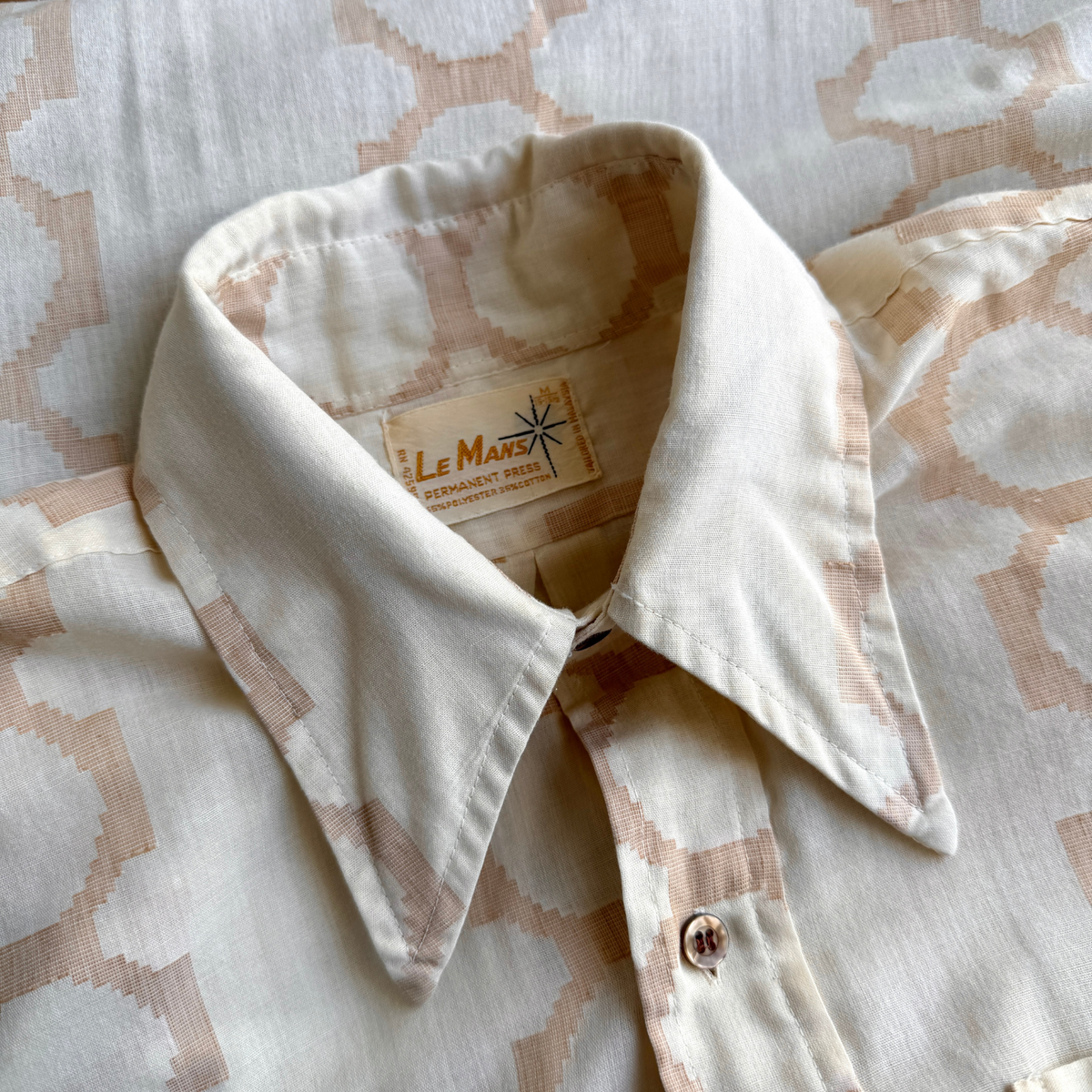 1970s Beige Geometric Print Sport Shirt