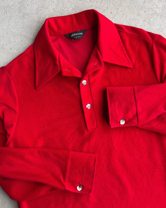 1970s Red Velour Quarter Button Up Mod Shirt  - Shop ThreadCount Vintage Co.