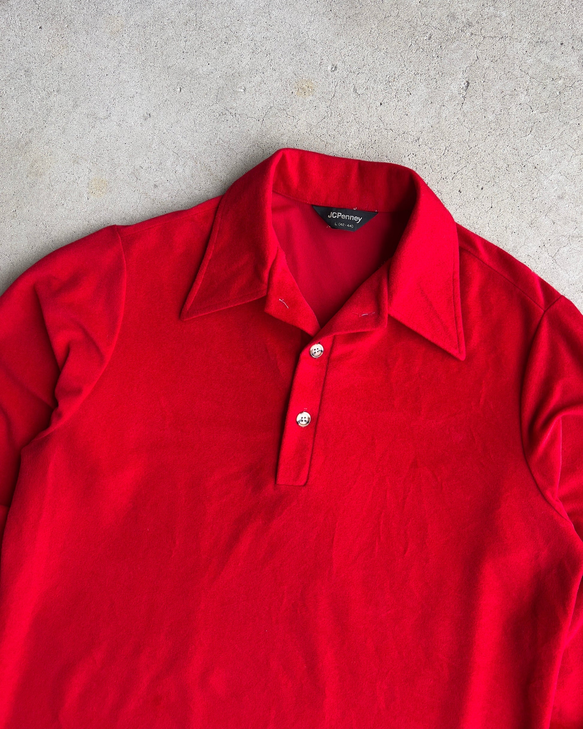 1970s Red Velour Quarter Button Up Mod Shirt  - Shop ThreadCount Vintage Co.