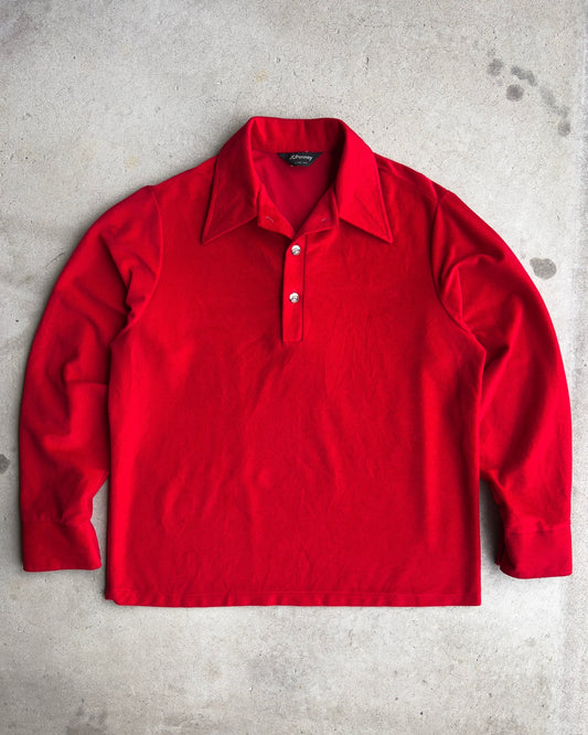 1970s Red Velour Quarter Button Up Mod Shirt  - Shop ThreadCount Vintage Co.