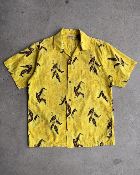 Vintage 1960s Feather Print Yellow Cotton Hawaiian Shirt  - Shop ThreadCount Vintage Co.
