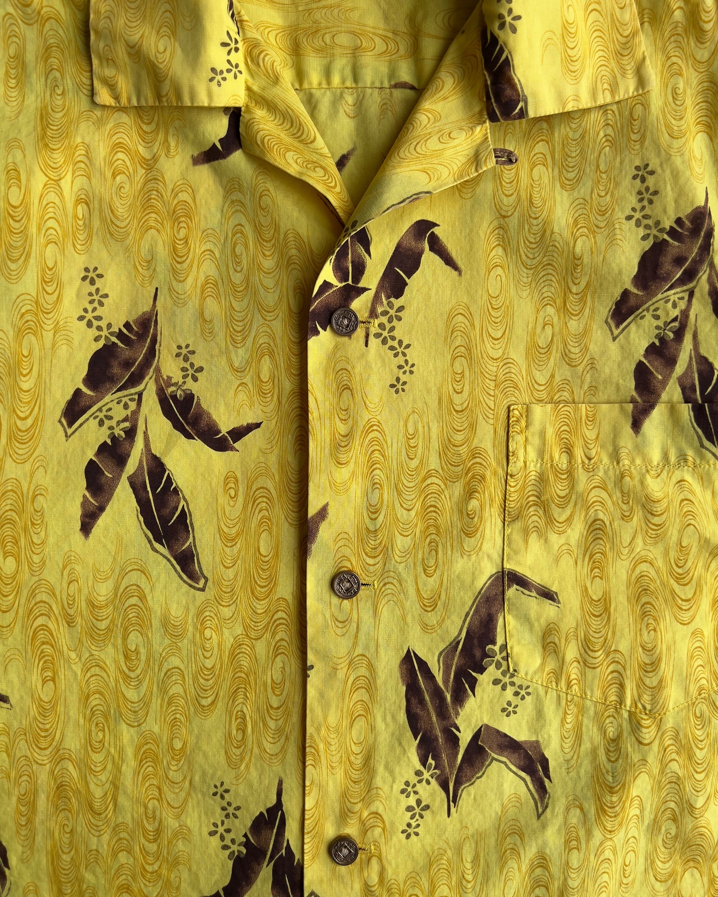 Vintage 1960s Feather Print Yellow Cotton Hawaiian Shirt  - Shop ThreadCount Vintage Co.