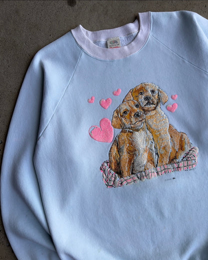 Vintage 1980s Golden Puppy Love Blue & White Raglan Sweatshirt  - Shop ThreadCount Vintage Co.