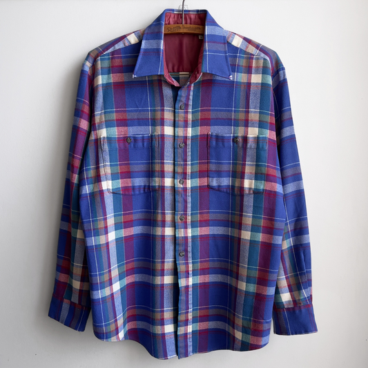 Vintage 1980s Blue & Red Acrylic Plaid Flannel Shirt  - Shop ThreadCount Vintage Co.