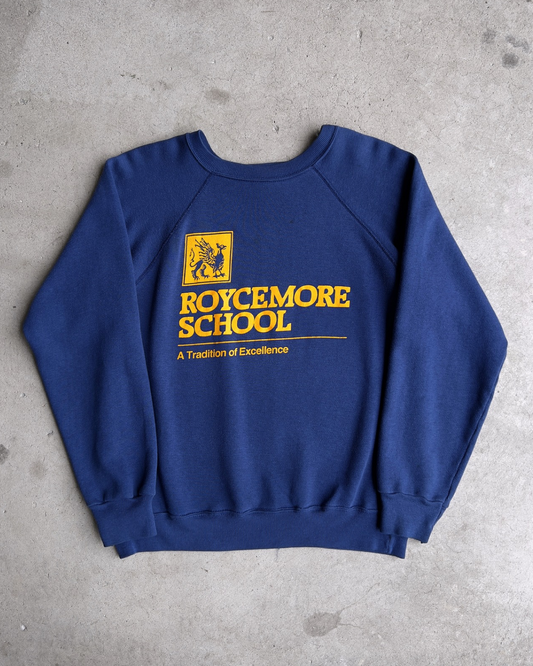 Vintage 1980s Roycemore School Navy Blue Raglan Sweatshirt  - Shop ThreadCount Vintage Co.