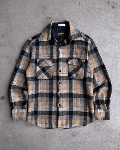 Vintage 1970s Tan & Black Acrylic Plaid Flannel Shirt  - Shop ThreadCount Vintage Co.