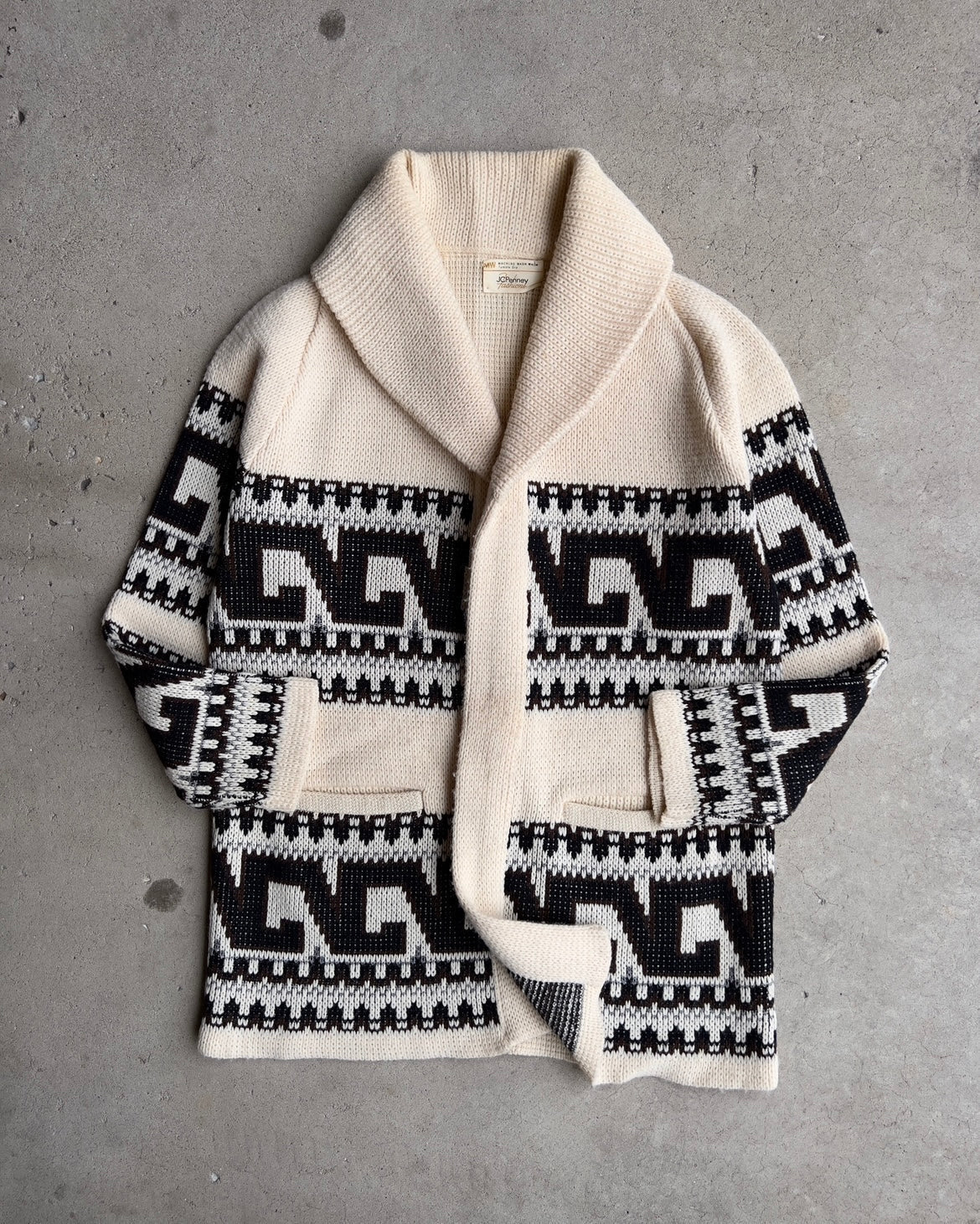 Vintage 1970s Cream & Black High Collar Knit Cardigan  - Shop ThreadCount Vintage Co.