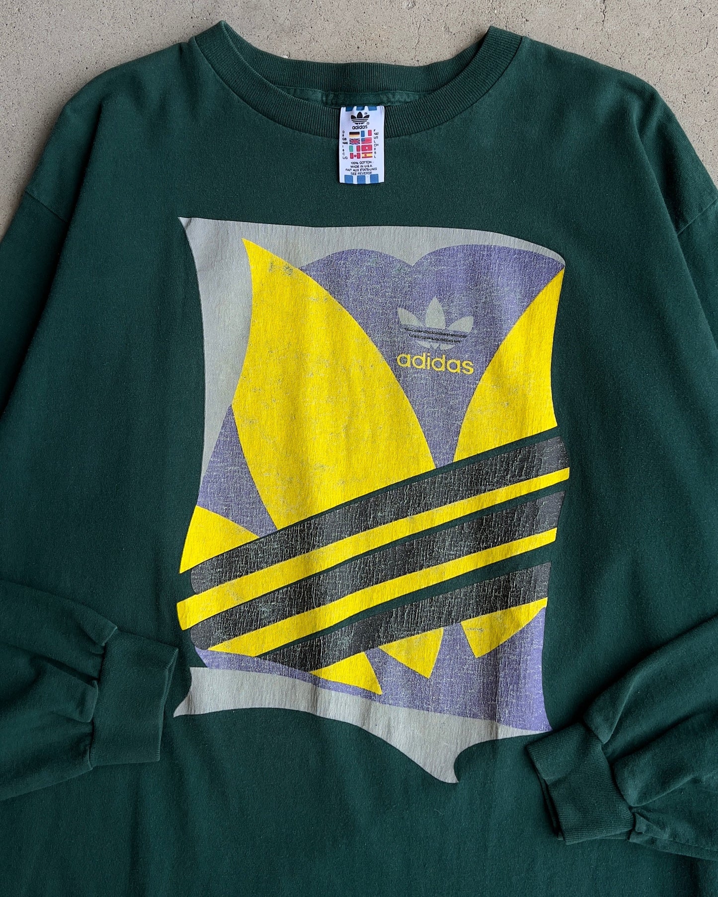 Vintage 1980s Adidas Green & Yellow Graphic Trefoil Logo Long Sleeve  - Shop ThreadCount Vintage Co.