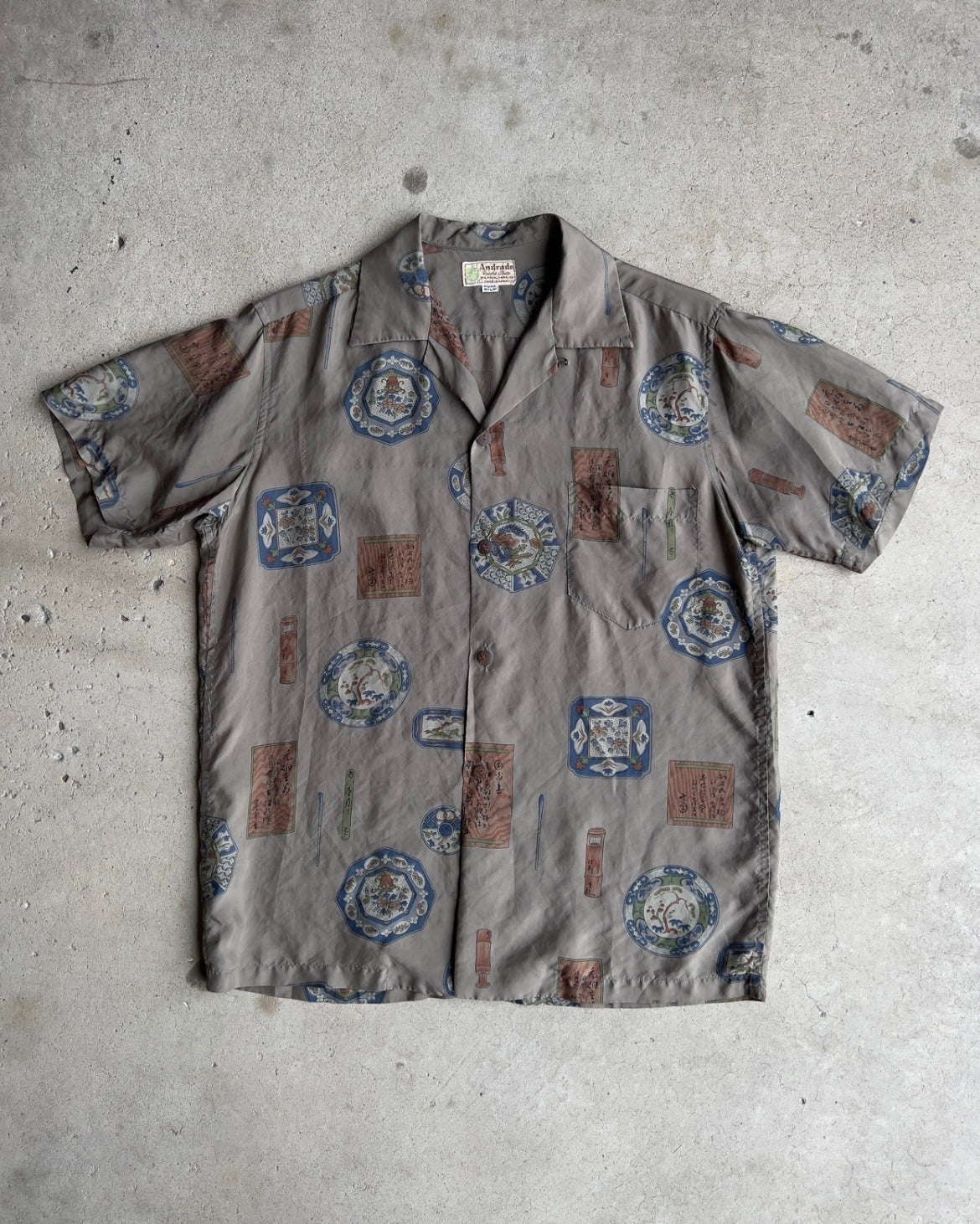 Vintage 1950s Silver Scripture Japanese Print Silk Hawaiian Shirt  - Shop ThreadCount Vintage Co.