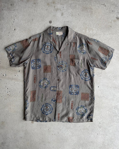 1950s Silver Scripture Japanese Print Silk Hawaiian Shirt  - Shop ThreadCount Vintage Co.