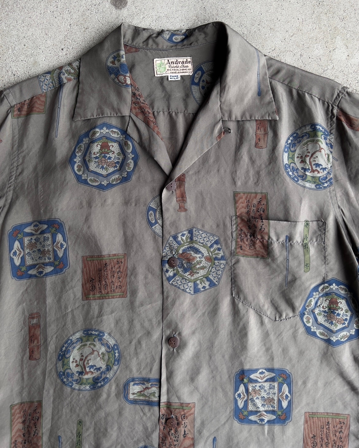 Vintage 1950s Silver Scripture Japanese Print Silk Hawaiian Shirt  - Shop ThreadCount Vintage Co.