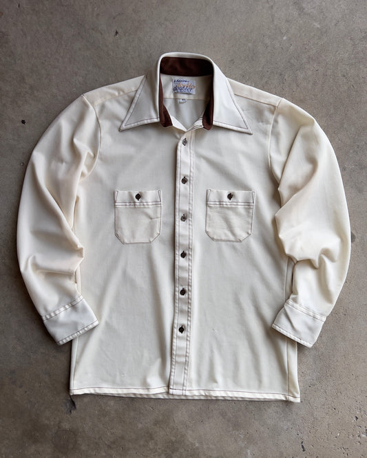 Vintage 1970s Soft White & Brown Polyester Sport Shirt  - Shop ThreadCount Vintage Co.