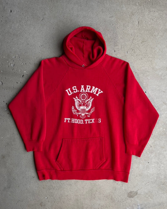 Vintage 1980s U.S. Army Fort Hood Texas Red Raglan Hoodie  - Shop ThreadCount Vintage Co.