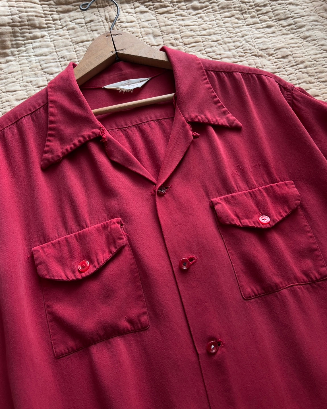 Vintage 1960s Central Utility & Furn. Red Chainstitch Rayon Bowling Shirt  - Shop ThreadCount Vintage Co.