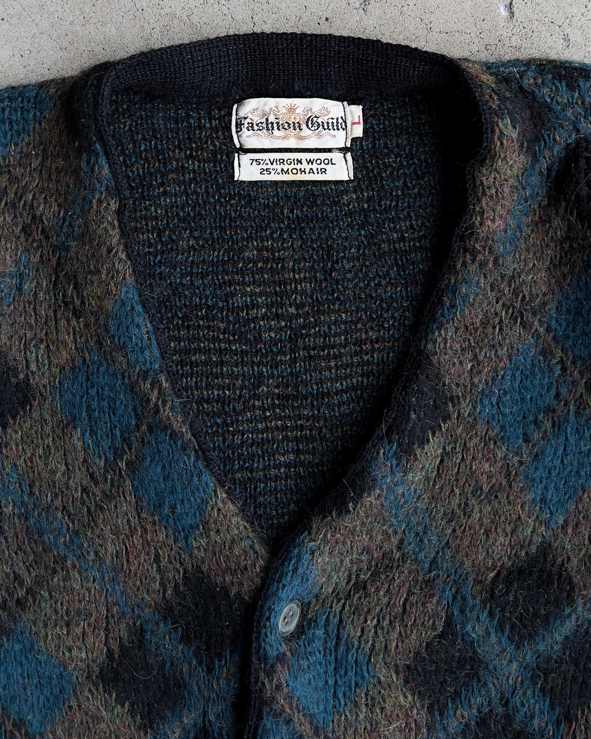 Vintage 1960s Black & Blue Diamond Argyle Mohair Cardigan  - Shop ThreadCount Vintage Co.