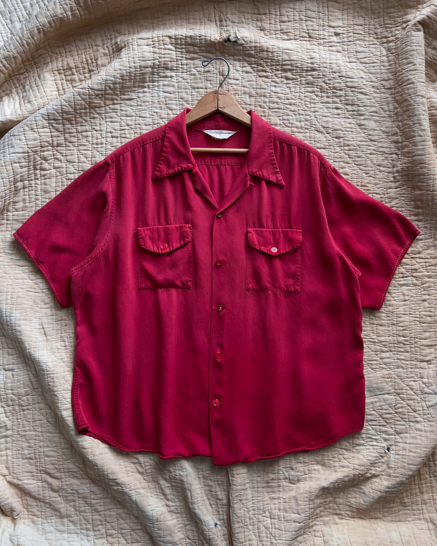 Vintage 1960s Central Utility & Furn. Red Chainstitch Rayon Bowling Shirt  - Shop ThreadCount Vintage Co.