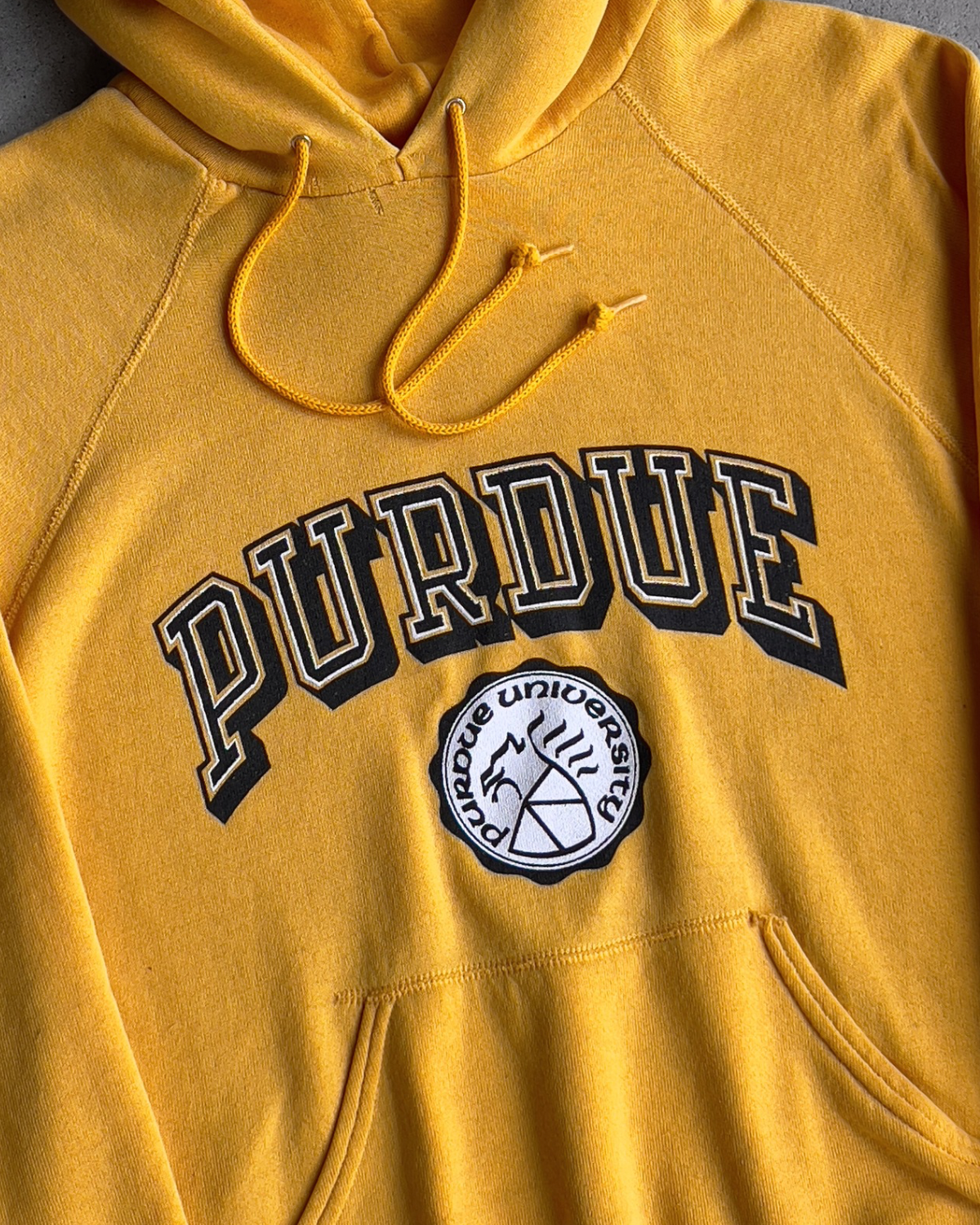 Vintage 1970s Purdue University Yellow Raglan Hoodie  - Shop ThreadCount Vintage Co.