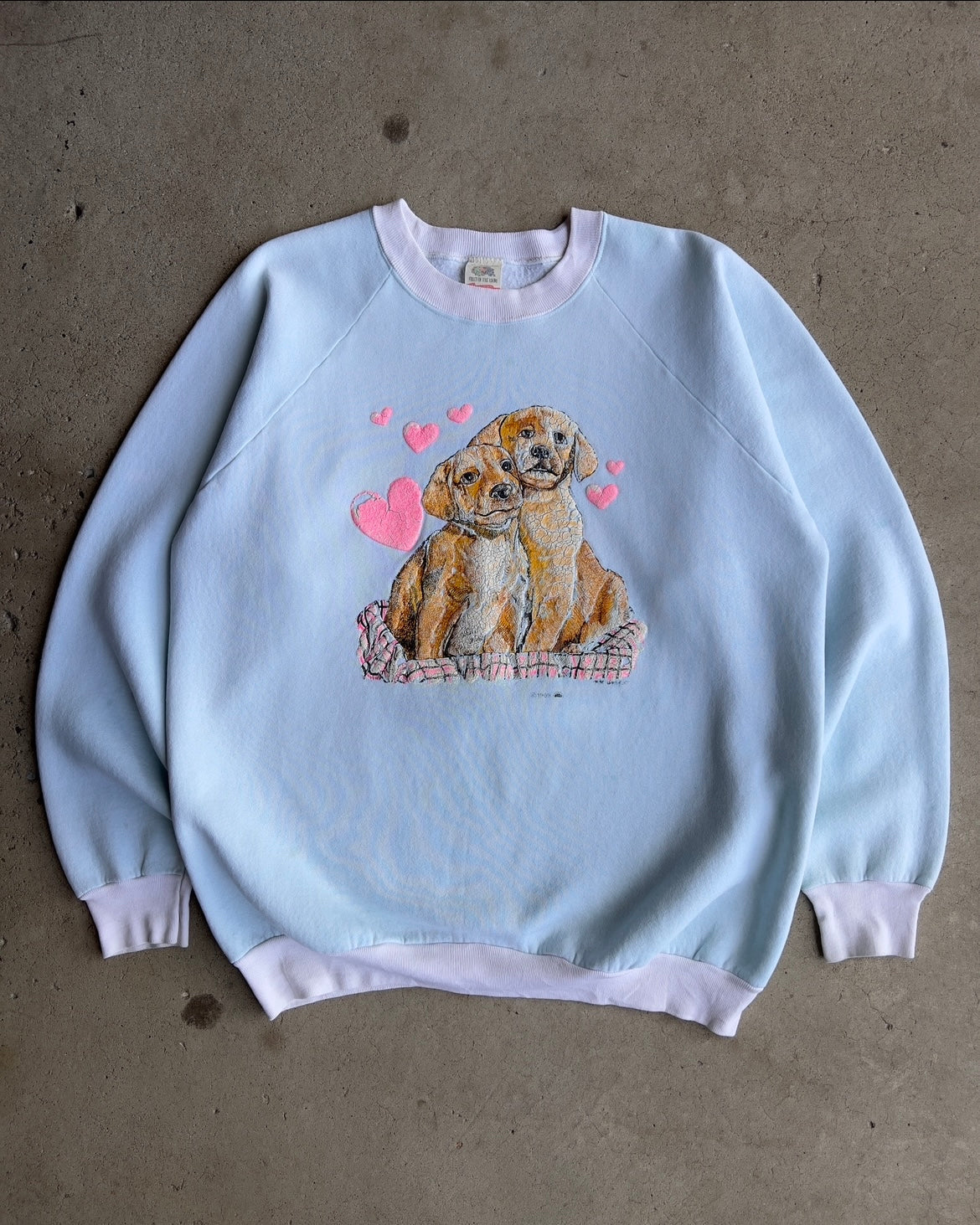 Vintage 1980s Golden Puppy Love Blue & White Raglan Sweatshirt  - Shop ThreadCount Vintage Co.