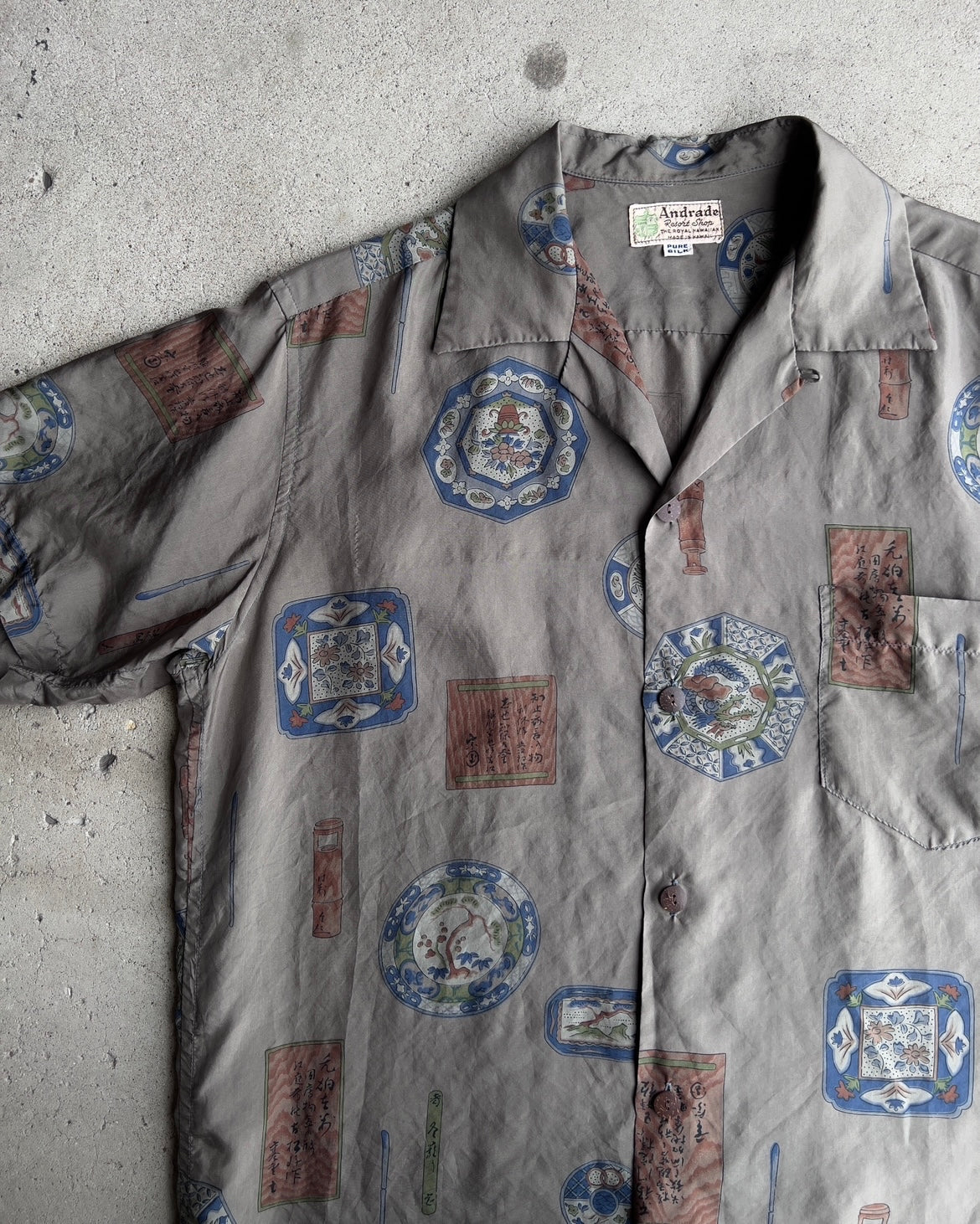 Vintage 1950s Silver Scripture Japanese Print Silk Hawaiian Shirt  - Shop ThreadCount Vintage Co.