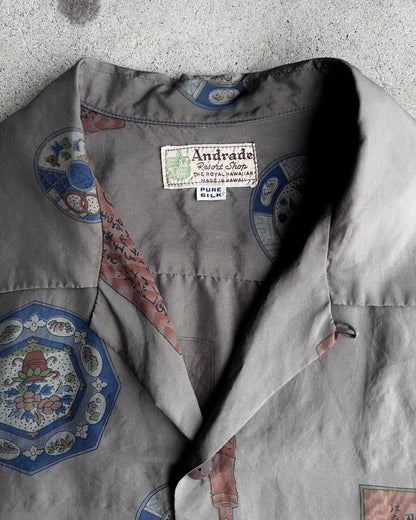 1950s Silver Scripture Japanese Print Silk Hawaiian Shirt  - Shop ThreadCount Vintage Co.