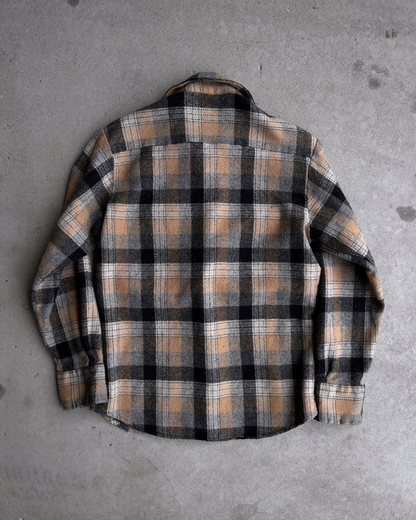 Vintage 1970s Tan & Black Acrylic Plaid Flannel Shirt  - Shop ThreadCount Vintage Co.