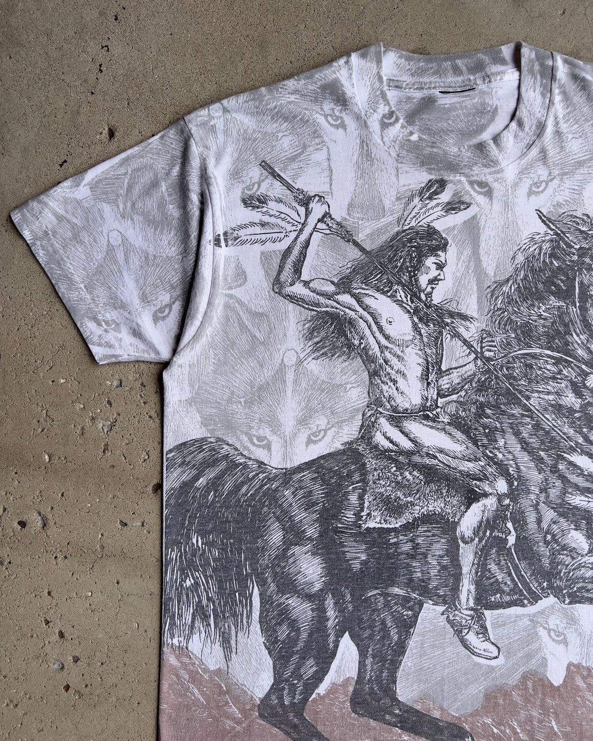 Vintage 1990s Native American Hunter All Over Print Line Art Tee  - Shop ThreadCount Vintage Co.