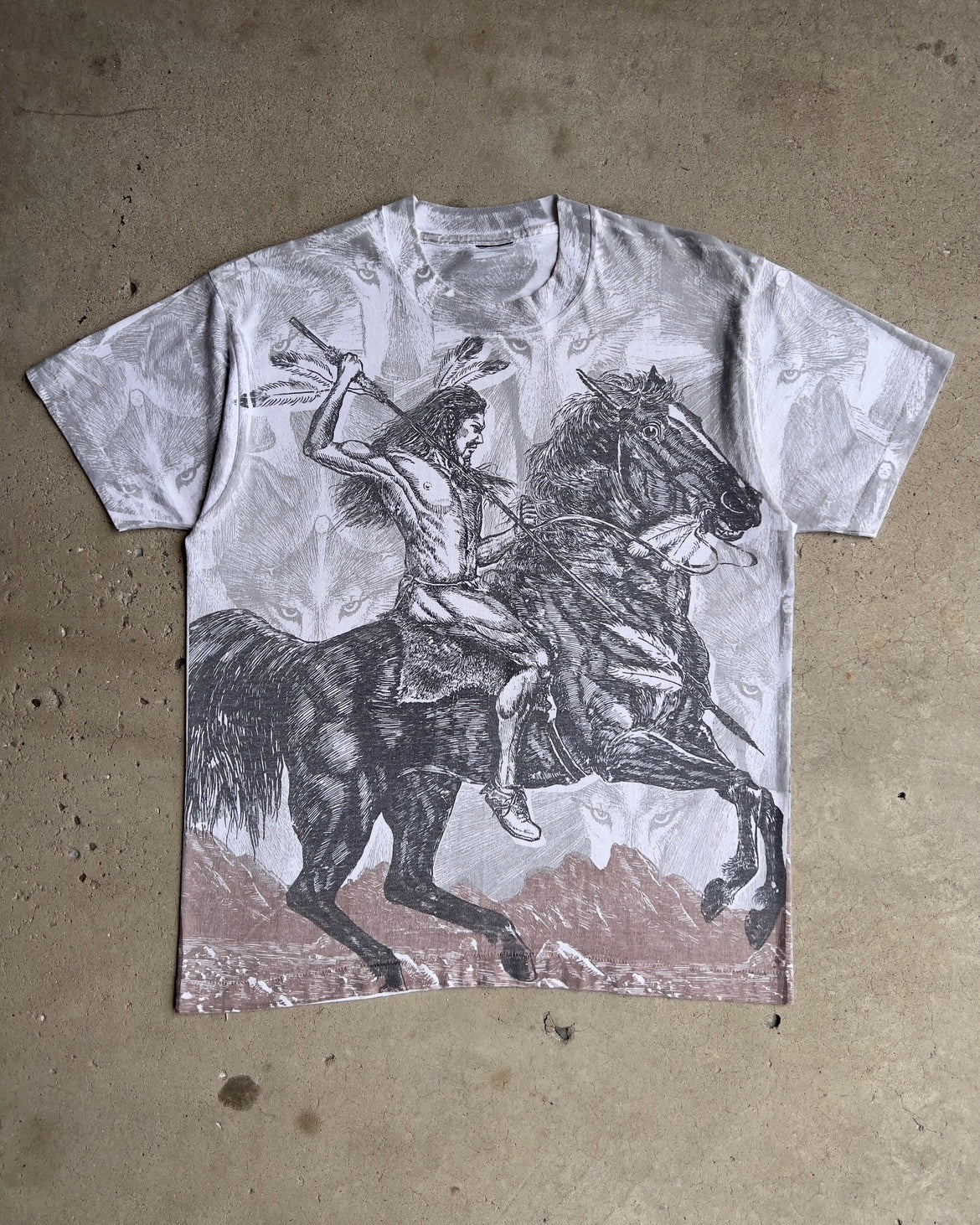 Vintage 1990s Native American Hunter All Over Print Line Art Tee  - Shop ThreadCount Vintage Co.