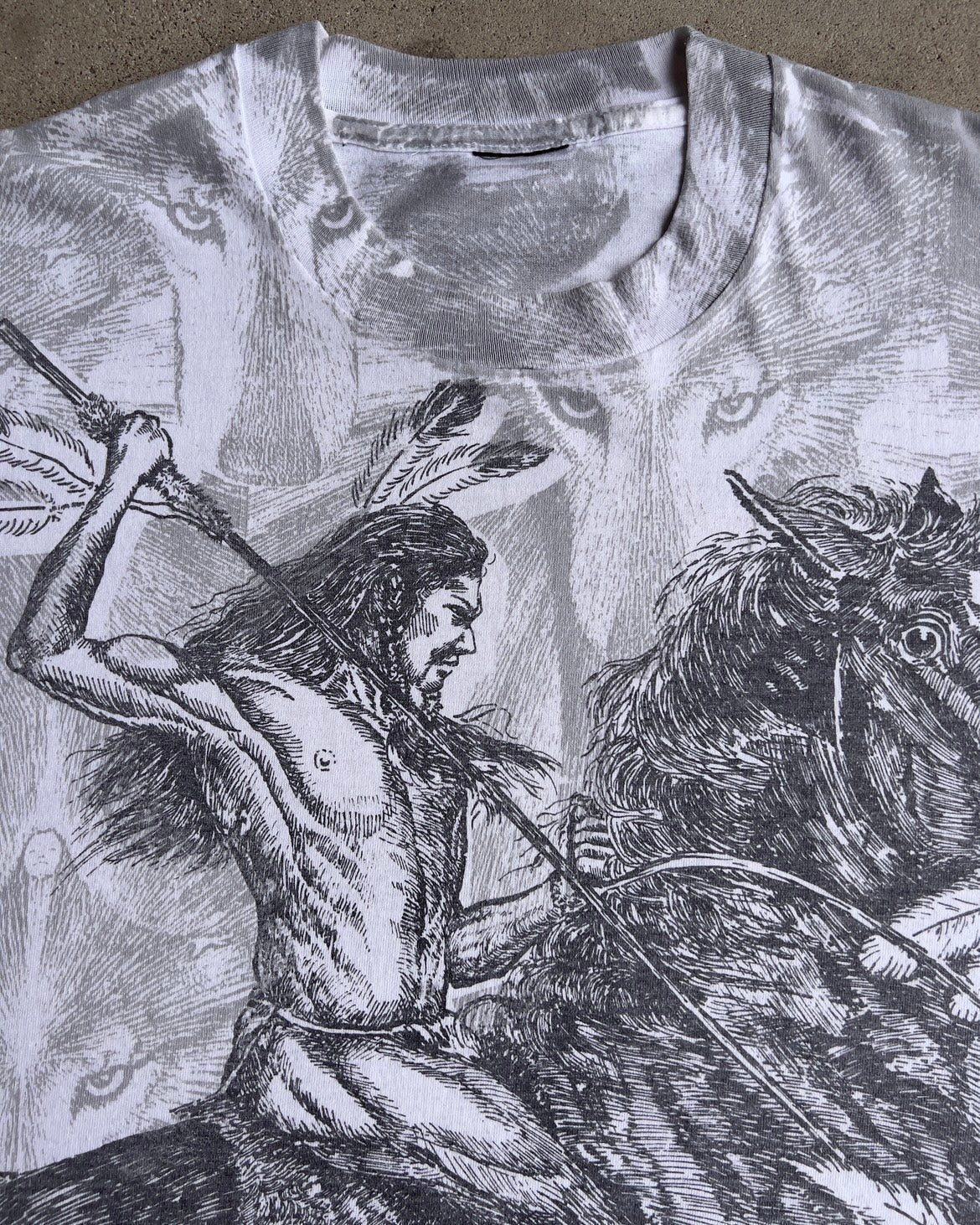 Vintage 1990s Native American Hunter All Over Print Line Art Tee  - Shop ThreadCount Vintage Co.