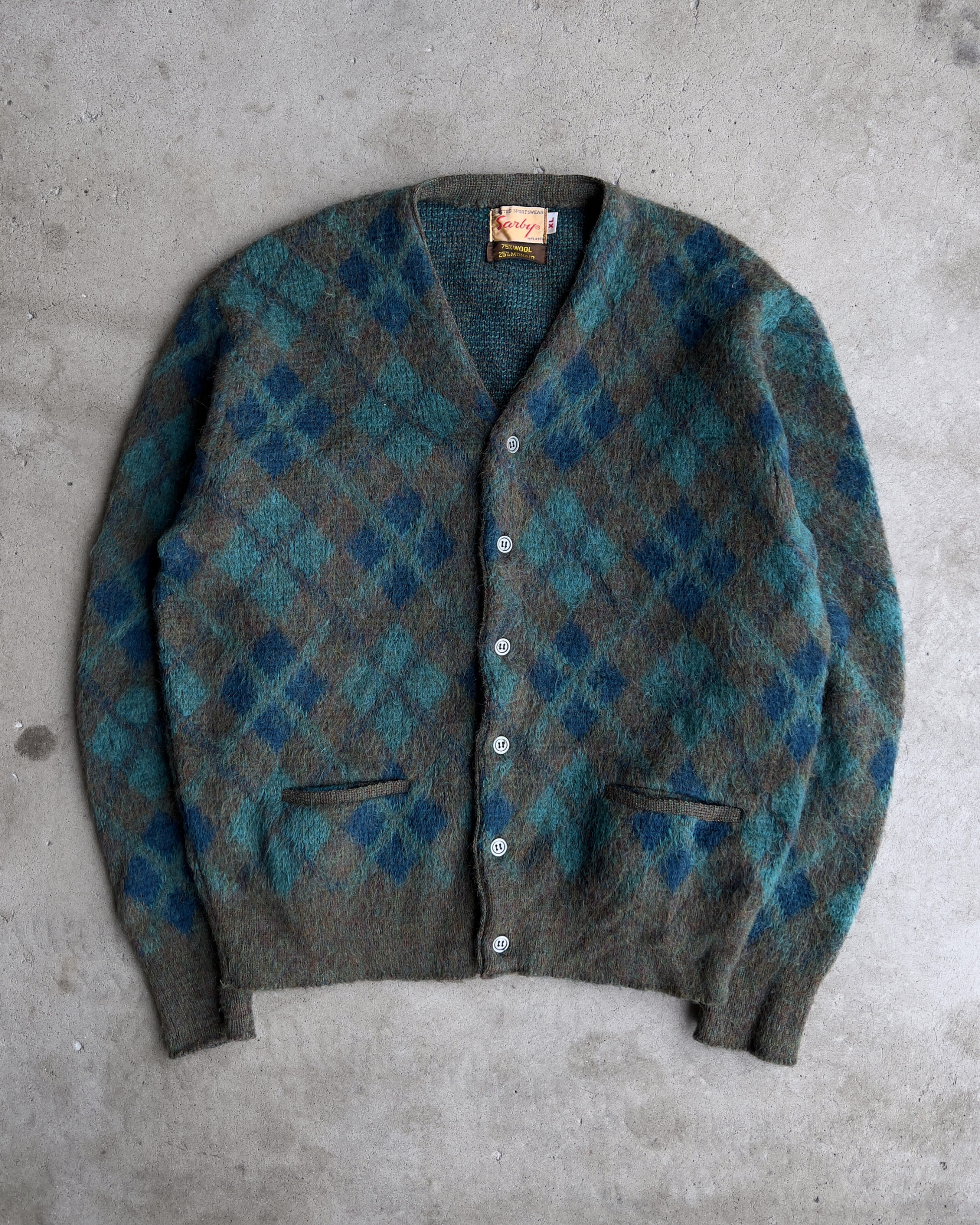 Vintage 1960s Green & Blue Diamond Argyle Mohair Cardigan  - Shop ThreadCount Vintage Co.