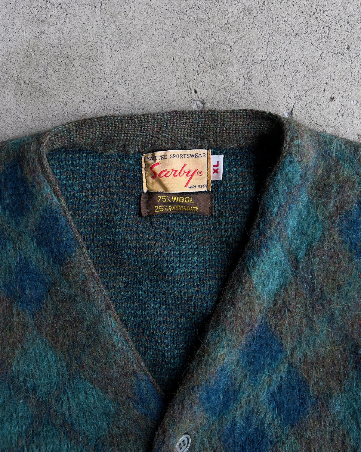 Vintage 1960s Green & Blue Diamond Argyle Mohair Cardigan  - Shop ThreadCount Vintage Co.