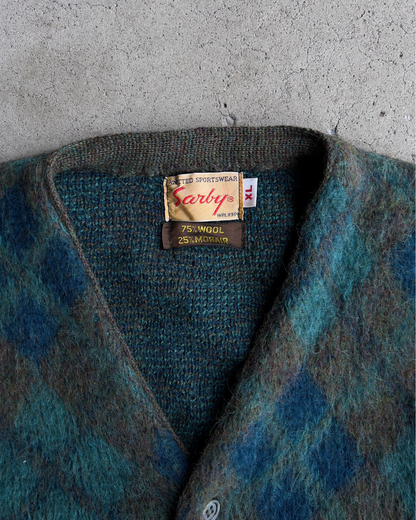 1960s Green & Blue Diamond Argyle Mohair Cardigan  - Shop ThreadCount Vintage Co.