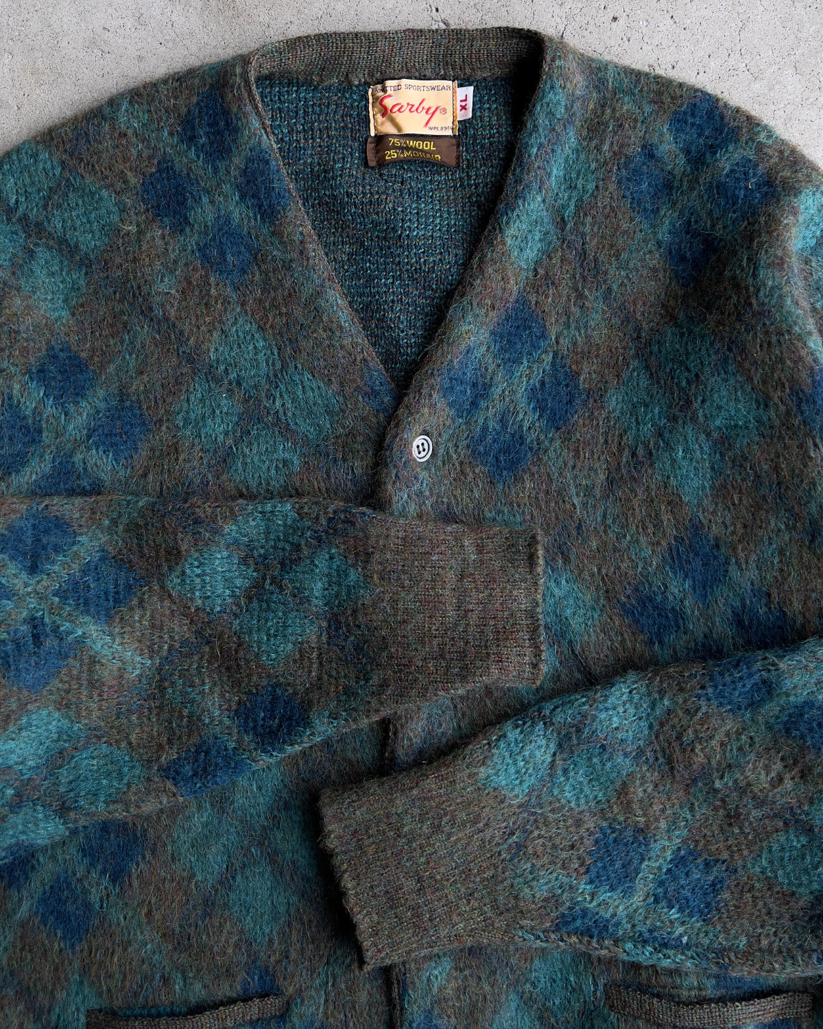 Vintage 1960s Green & Blue Diamond Argyle Mohair Cardigan  - Shop ThreadCount Vintage Co.