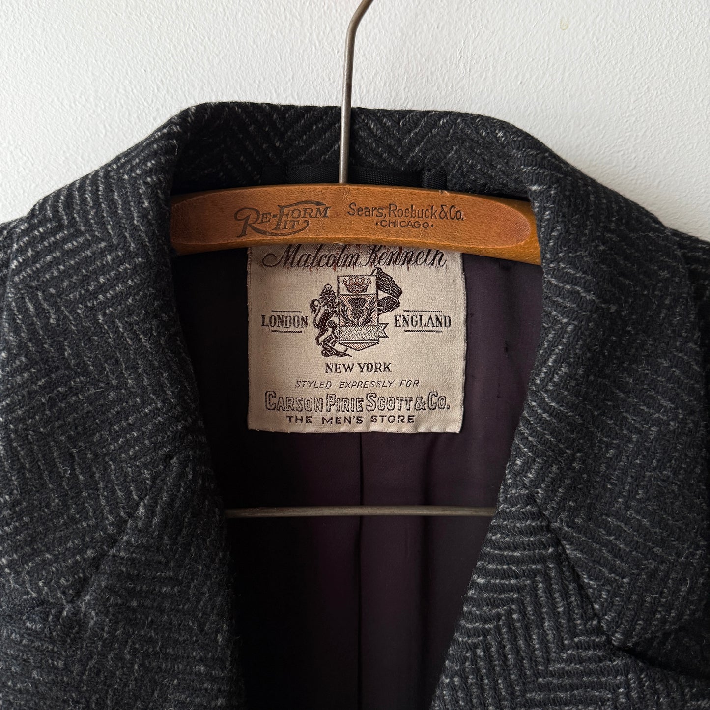 1950s Black Herringbone Wool Overcoat
