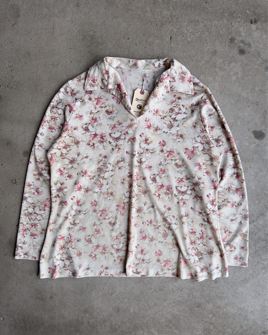 Vintage 1970s Pink Floral Open Collar Sheer Shirt  - Shop ThreadCount Vintage Co.