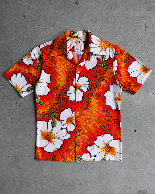 Vintage 1960s Orange Hibiscus Barkcloth Hawaiian Shirt  - Shop ThreadCount Vintage Co.