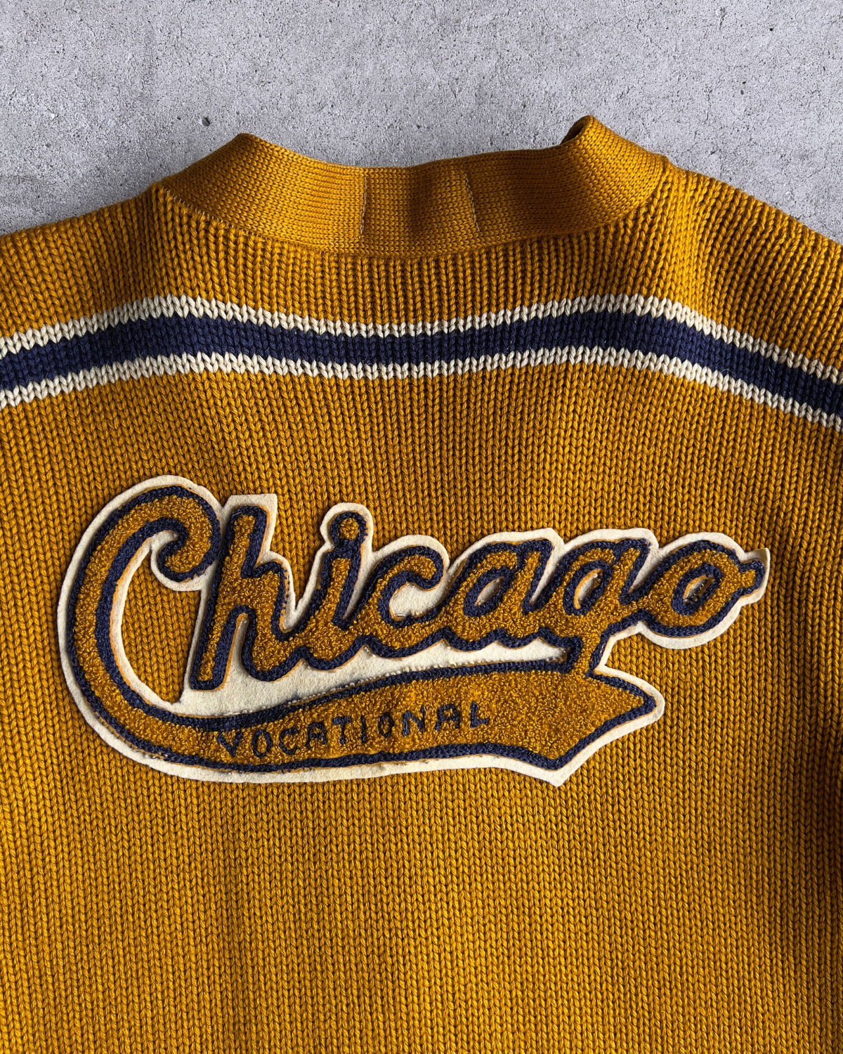 Vintage 1960s Chicago Vocational Golden Wool Letterman Cardigan  - Shop ThreadCount Vintage Co.